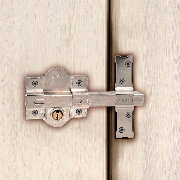 Micel CRR09 - Cerrojo de Sobrepón para Puerta, Reversible con 3 Llaves Serreta, Placa 86 mm y Cilindro Boca Pera de 50 mm, Acero Niquelado