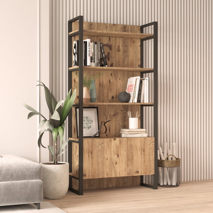 Hanah Home Ml6-A Estantería moderna y elegante, 90x180x34 cm, estructura metálica, tablero melamina 18 mm, color Pino Atlántico