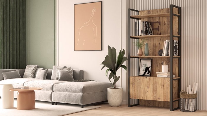 Hanah Home Ml6-A Estantería moderna y elegante, 90x180x34 cm, estructura metálica, tablero melamina 18 mm, color Pino Atlántico
