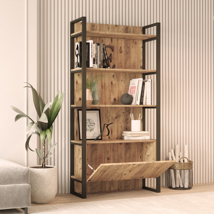 Hanah Home Ml6-A Estantería moderna y elegante, 90x180x34 cm, estructura metálica, tablero melamina 18 mm, color Pino Atlántico