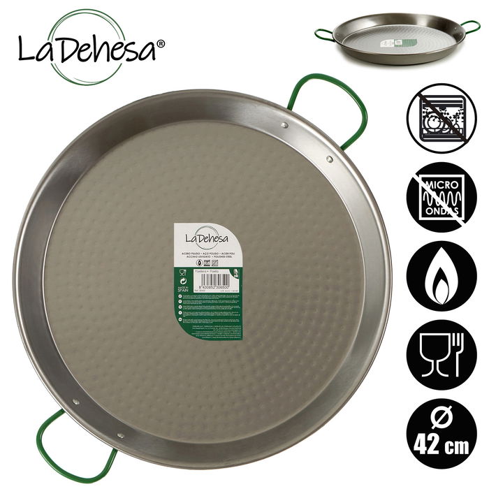 La Dehesa Paellera Pulida 42 cm Acero Pulido 10 Raciones Apta para Gas y Leña (Set de 6)