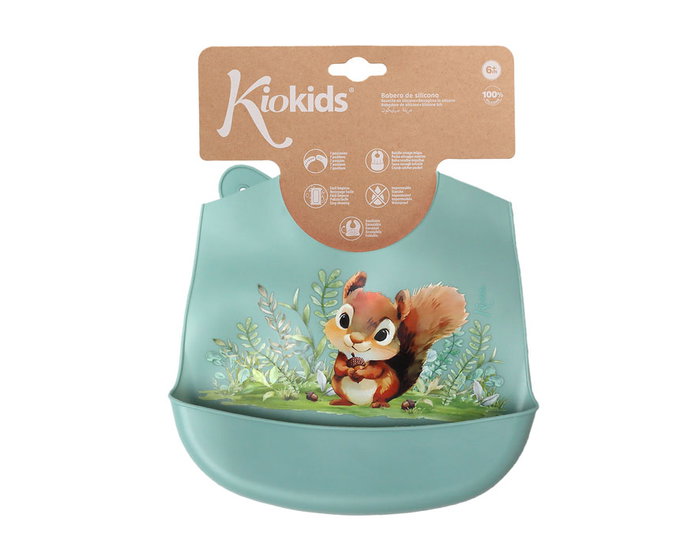 KioKids Babero de Silicona Ajustable para Bebé +6 Meses con Bolsillo Recogemigas, Diseño Ardilla Salvaje Color Salvia