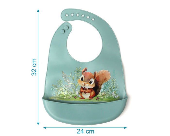 KioKids Babero de Silicona Ajustable para Bebé +6 Meses con Bolsillo Recogemigas, Diseño Ardilla Salvaje Color Salvia