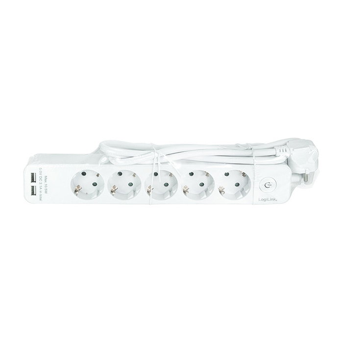 LogiLink Regleta de 5 Tomas con 2 puertos USB, 1,5m, Blanca