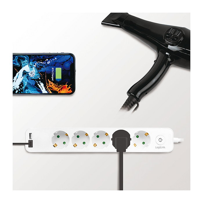 LogiLink Regleta de 5 Tomas con 2 puertos USB, 1,5m, Blanca