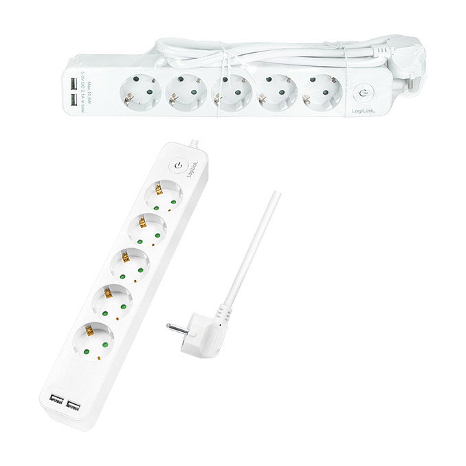 LogiLink Regleta de 5 Tomas con 2 puertos USB, 1,5m, Blanca