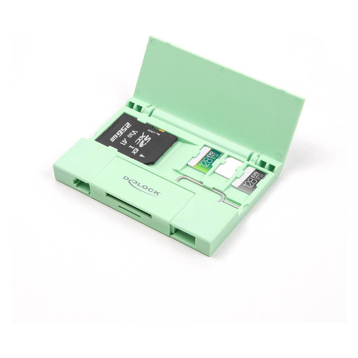DeLOCK 91015 Lector de Tarjetas USB 3.2 Gen 1 5 Gbps Tipo-C/Tipo-A para SD y MicroSD, Incluye Estuche, Color Menta, Plug and Play, Compatible con Windows/Mac/Linux/Android/iPadOS DeLOCK 91015 Lector de Tarjetas USB 3.2 Gen 1 5 Gbps Tipo-C/Tipo-A para SD y MicroSD, Incluye Estuche, Color Menta, Plug and Play, Compatible con Windows/Mac/Linux/Android/iPadOS