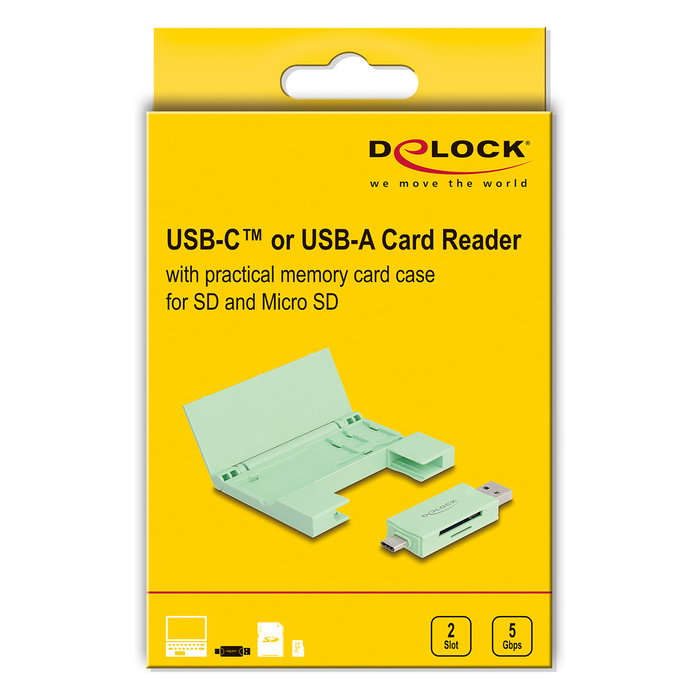 DeLOCK 91015 Lector de Tarjetas USB 3.2 Gen 1 5 Gbps Tipo-C/Tipo-A para SD y MicroSD, Incluye Estuche, Color Menta, Plug and Play, Compatible con Windows/Mac/Linux/Android/iPadOS DeLOCK 91015 Lector de Tarjetas USB 3.2 Gen 1 5 Gbps Tipo-C/Tipo-A para SD y MicroSD, Incluye Estuche, Color Menta, Plug and Play, Compatible con Windows/Mac/Linux/Android/iPadOS