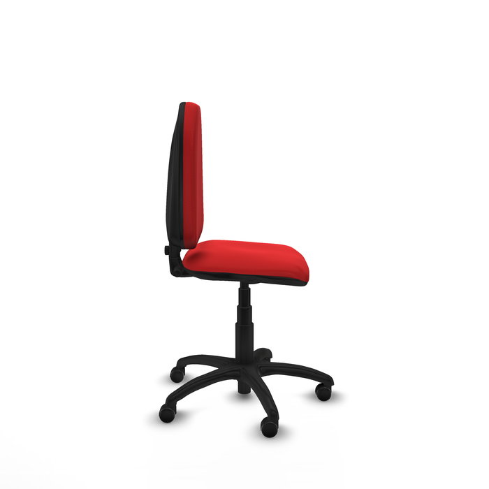Silla de oficina Aýna con mecanismo Contacto permanente básico tapizada con Similpiel color Rojo. Equipada con Base poliamida negra, Sin brazos y Ruedas de parqué