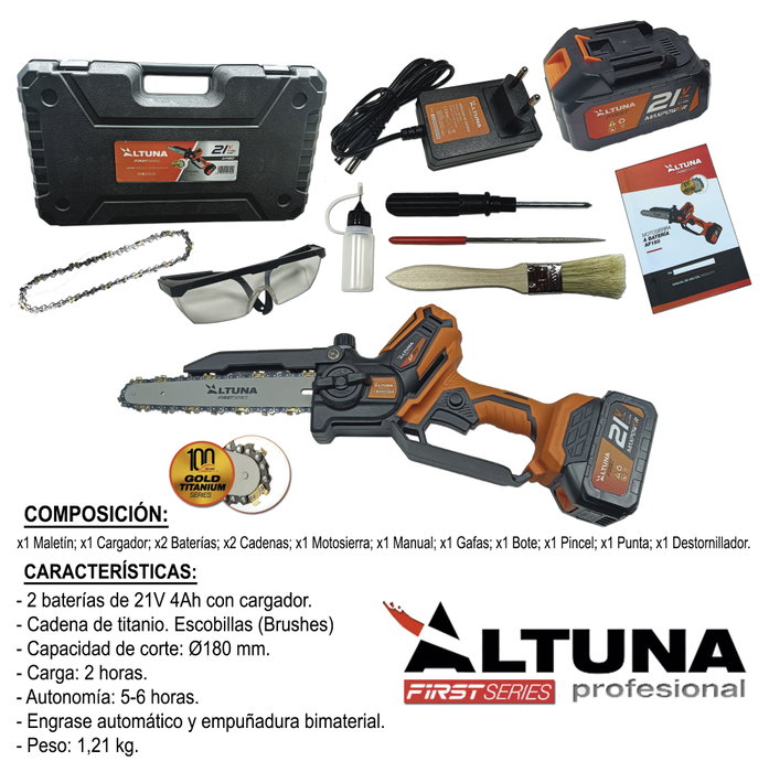 ALTUNA Motosierra AF180 21V-4AH 1000W con cadena de titanio