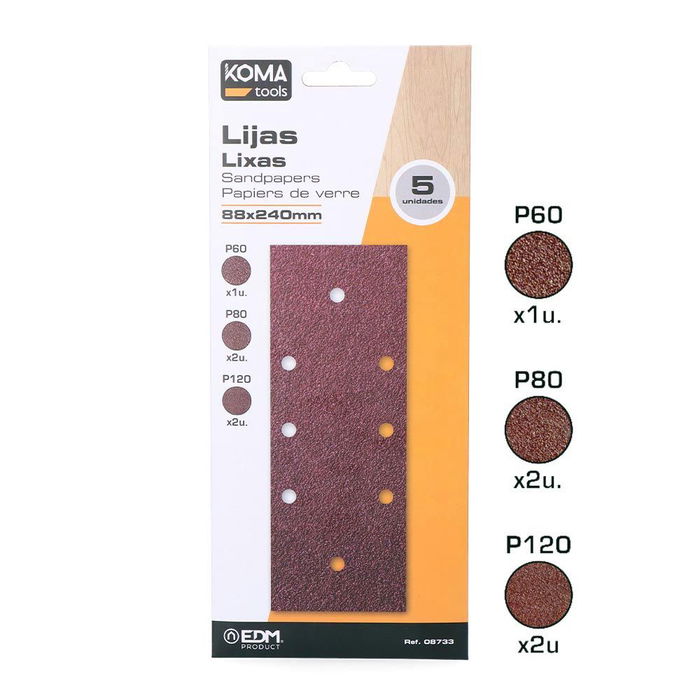 Koma Tools Lijas para Lijadora Orbital 08706, Set de 5 Hojas P60, P80, P120, 88 x 240 mm