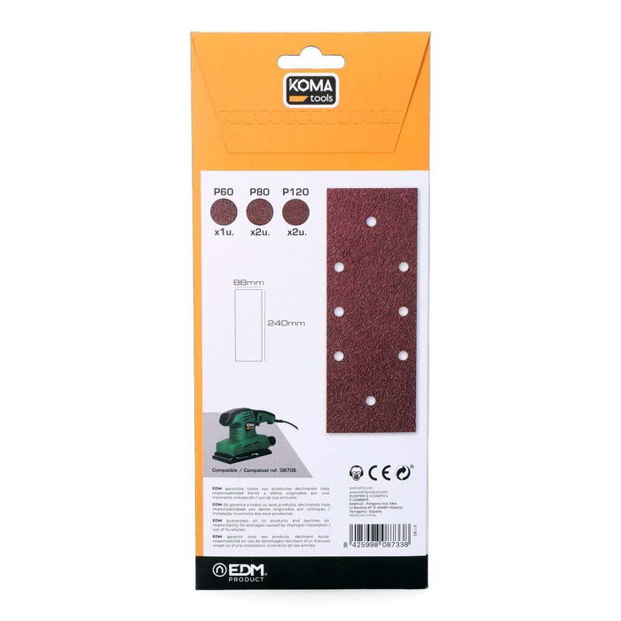 Koma Tools Lijas para Lijadora Orbital 08706, Set de 5 Hojas P60, P80, P120, 88 x 240 mm