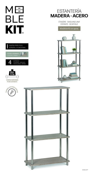 Inde Estantería Madera-Acero 4 Niveles 60.4 cm x 30.7 cm x 9.9 cm (2 Unidades)