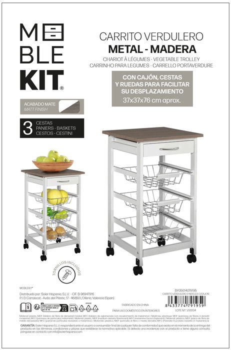 Inde Carrito Verdulero 3 Niveles con Cajón 38 cm ancho x 15 cm alto x 72 cm largo (2 Unidades)