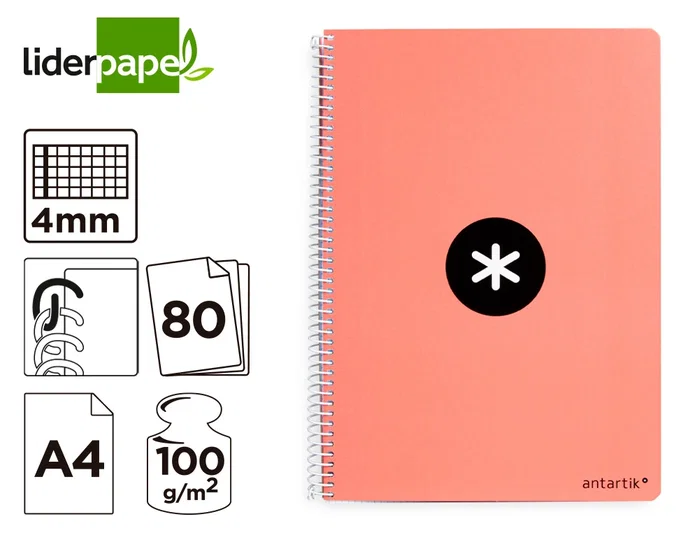 Antartik Cuaderno espiral A4 tapa dura 80 hojas 90gr cuadro 4mm margen color coral Antartik Cuaderno espiral A4 tapa dura 80 hojas 90gr cuadro 4mm margen color coral
