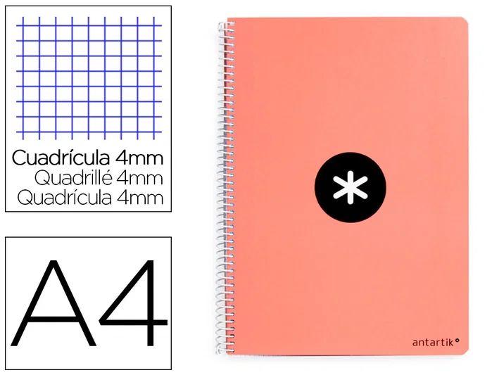 Antartik Cuaderno espiral A4 tapa dura 80 hojas 90gr cuadro 4mm margen color coral Antartik Cuaderno espiral A4 tapa dura 80 hojas 90gr cuadro 4mm margen color coral