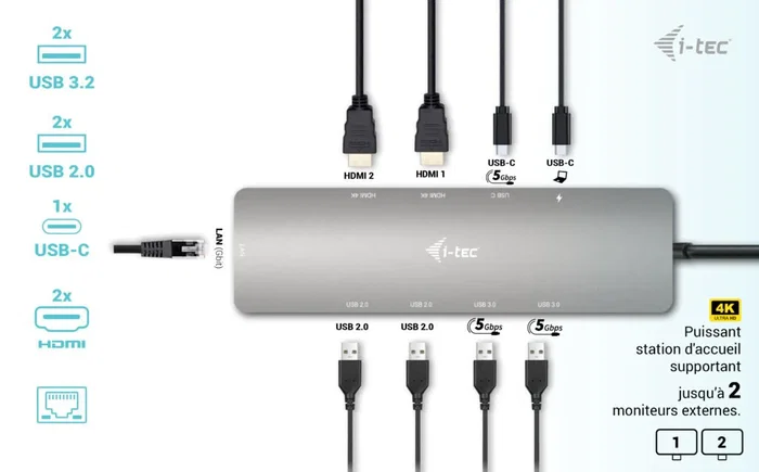 i-tec C31NANOHDM2DOCPD Dock USB-C Metal, 2x HDMI 4K 60Hz, PD 100W, USB-A 3.2/2.0, Ethernet Gigabit, para Portátil, Tablet, Windows, macOS, Android, Plata