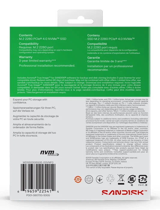 SanDisk WD Green SSD 500GB SN3000 NVMe M.2 2280 PCI Express 4.0 QLC NAND - 5000 MB/s lectura, 4100 MB/s escritura - PC/Portátil/Consola