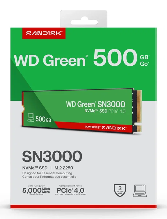 SanDisk WD Green SSD 500GB SN3000 NVMe M.2 2280 PCI Express 4.0 QLC NAND - 5000 MB/s lectura, 4100 MB/s escritura - PC/Portátil/Consola