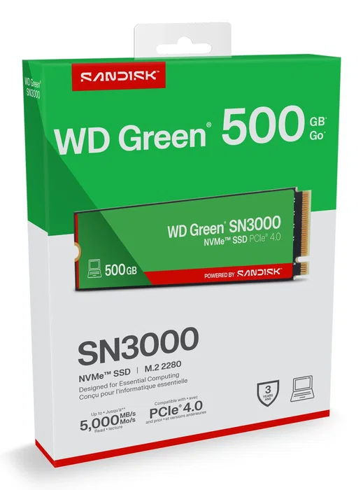 SanDisk WD Green SSD 500GB SN3000 NVMe M.2 2280 PCI Express 4.0 QLC NAND - 5000 MB/s lectura, 4100 MB/s escritura - PC/Portátil/Consola
