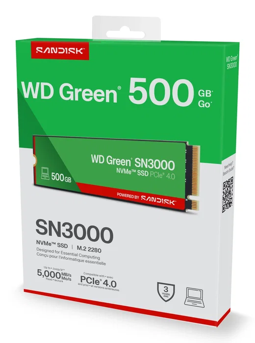 SanDisk WD Green SSD 500GB SN3000 NVMe M.2 2280 PCI Express 4.0 QLC NAND - 5000 MB/s lectura, 4100 MB/s escritura - PC/Portátil/Consola