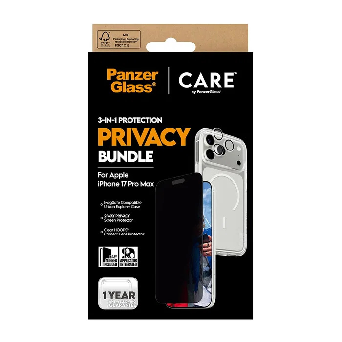 PanzerGlass Care 3-en -1 Flagship Privacy Bundle Protector de Pantalla para iPhone 17 Pro Max, con Filtro Privacidad Aplicación en Seco, Vidrio Templado Transparente