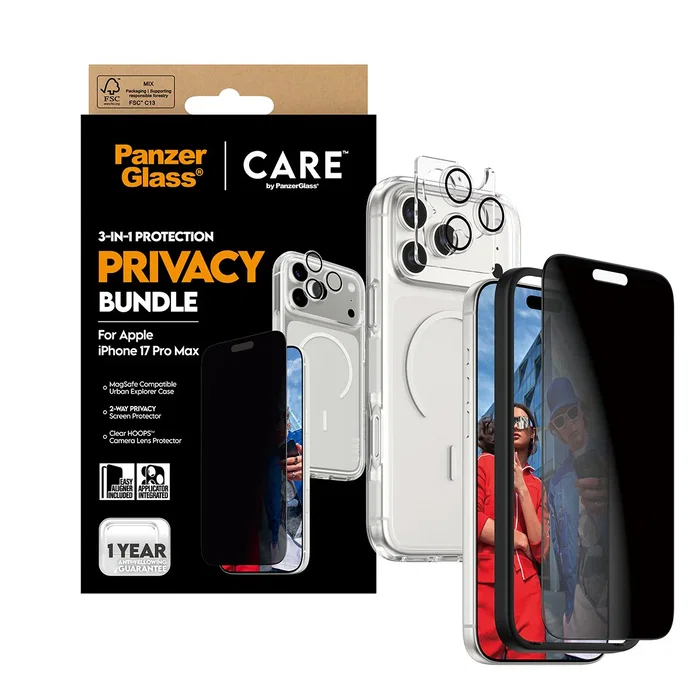 PanzerGlass Care 3-en -1 Flagship Privacy Bundle Protector de Pantalla para iPhone 17 Pro Max, con Filtro Privacidad Aplicación en Seco, Vidrio Templado Transparente