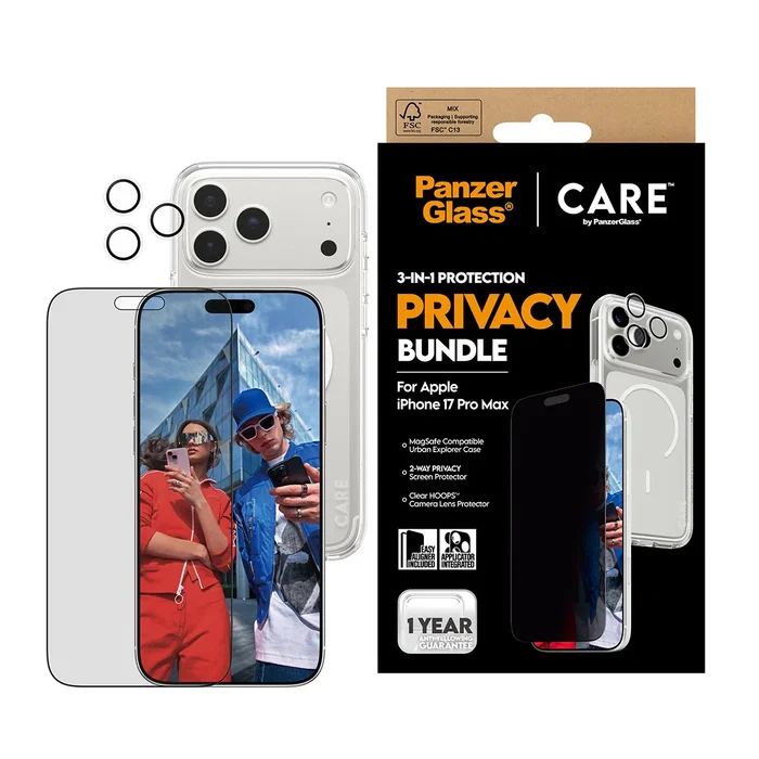 PanzerGlass Care 3-en -1 Flagship Privacy Bundle Protector de Pantalla para iPhone 17 Pro Max, con Filtro Privacidad Aplicación en Seco, Vidrio Templado Transparente