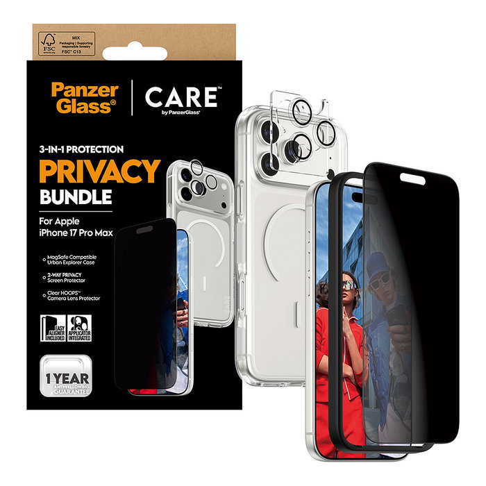 PanzerGlass Care by Protector de Pantalla Privacidad 3 en 1 para iPhone 17 Pro Max, Aplicación en Seco, Vidrio Templado Anti-Rayones y Golpes