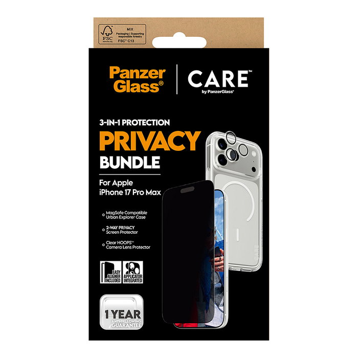 PanzerGlass Care by Protector de Pantalla Privacidad 3 en 1 para iPhone 17 Pro Max, Aplicación en Seco, Vidrio Templado Anti-Rayones y Golpes