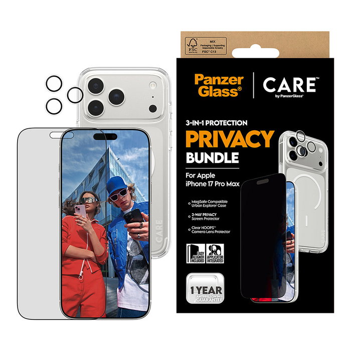 PanzerGlass Care by Protector de Pantalla Privacidad 3 en 1 para iPhone 17 Pro Max, Aplicación en Seco, Vidrio Templado Anti-Rayones y Golpes