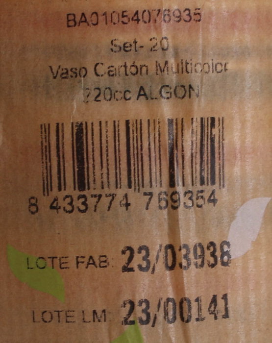Algon Set 20 Vasos Cartón Multicolor 220cc (20 Unidades)