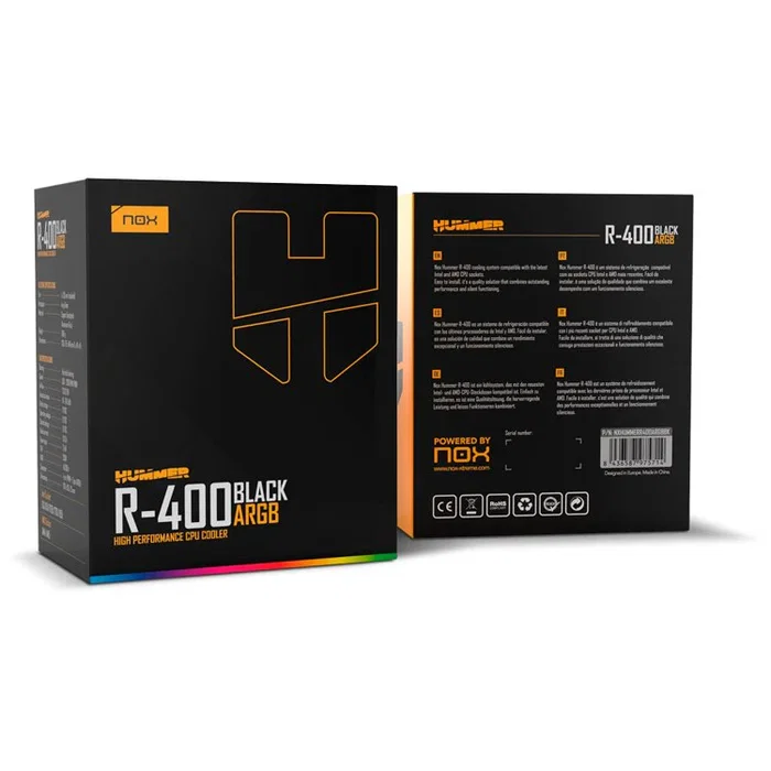 NOX Hummer R-400 ARGB - Refrigerador de aire para CPU, 12 cm, 2200 RPM, 4 tubos de calor, Negro, Compatible con LGA 1200/1700/AM4/AM5