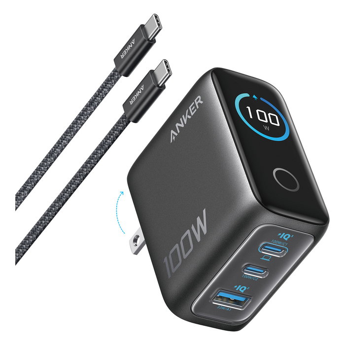 Anker Cargador de Pared 100 W con Pantalla Inteligente y 3 Puertos, Negro B121B Anker Cargador de Pared 100 W con Pantalla Inteligente y 3 Puertos, Negro B121B