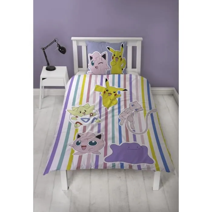 Pokemon POK3700891714327 Juego de Cama Reversible Pikachu, Mew, Togepi, Jigglypuff y Ditto Microfibra 140 x 200 cm + Funda 63 x 63 cm