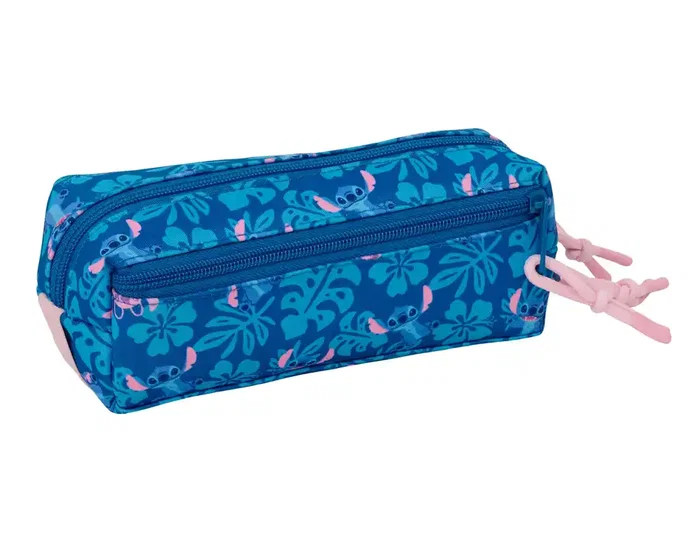 Safta Estuche Portatodo Rectangular Colección Stitch, 3 Cremalleras, Goma Elástica, Dimensiones 85x60x220 mm