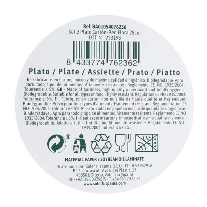 Algon Set 3 Platos Carton Redondo Flora 28 cm (24 Unidades)