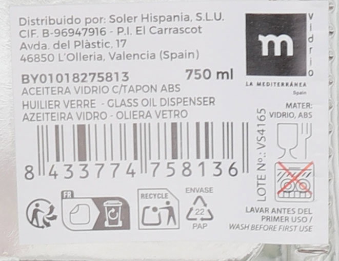 Anna Aceitera de Vidrio 750ml con Tapón ABS (12 Unidades)