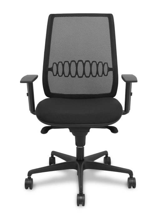 Silla de oficina Alares con mecanismo Sincro tapizada con Tela color Negro. Equipada con lumbar 1D, Brazos 1D y Ruedas 65mm nailon