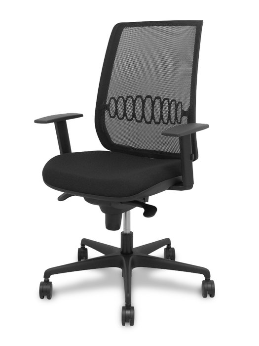 Silla de oficina Alares con mecanismo Sincro tapizada con Tela color Negro. Equipada con lumbar 1D, Brazos 1D y Ruedas 65mm nailon
