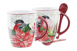 DKD Home Decor Set 4 Tazas Porcelana Navidad Tradicional Rojo Verde 300ml 8 x 10 x 13 cm