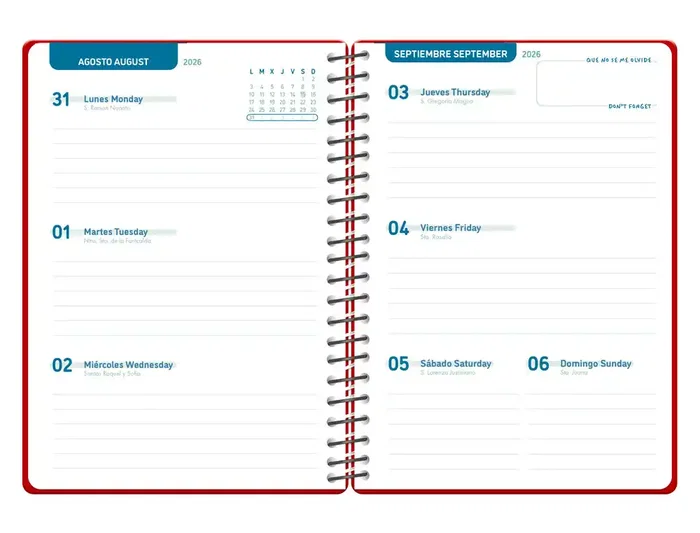 Liderpapel Agenda Escolar 26-27 Espiral Basic Semana Vista A5 Bilingüe Papel FSC 70g Rojo