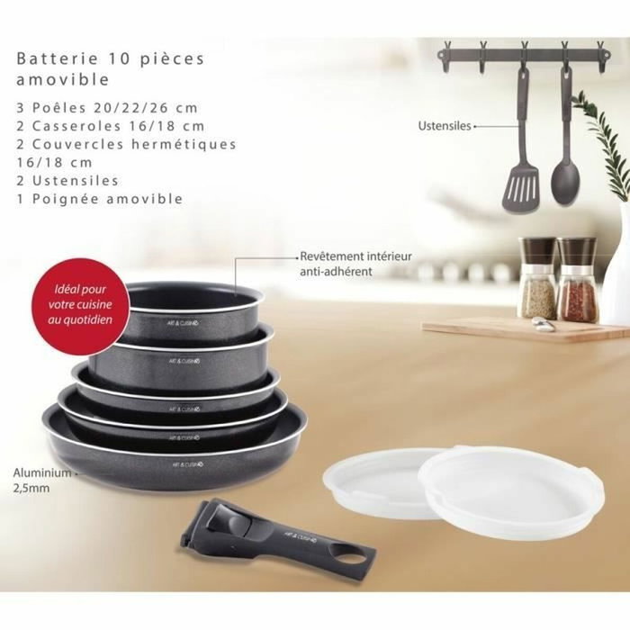 Art & Cuisine Batería de cocina de 10 piezas, Aluminio, Negro