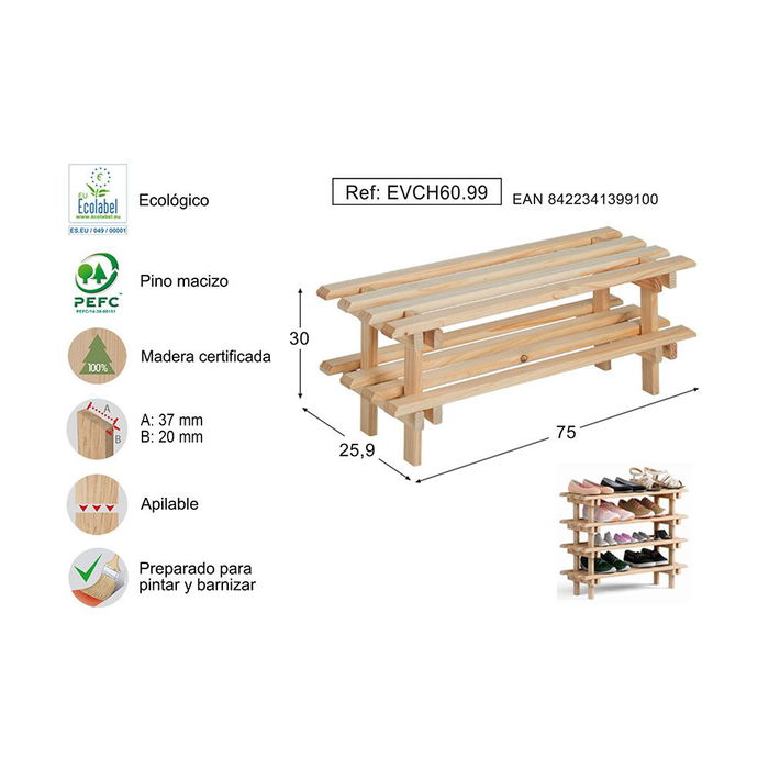 Astigarraga Zapatero Evolution Evch60.99 Madera Pino Macizo Natural Apilable 75x25,9x30 cm