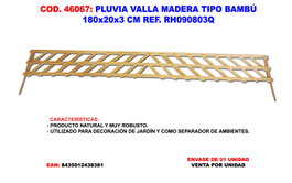 PLUVIA Valla de Madera Tipo Bambú 180x20x3 cm