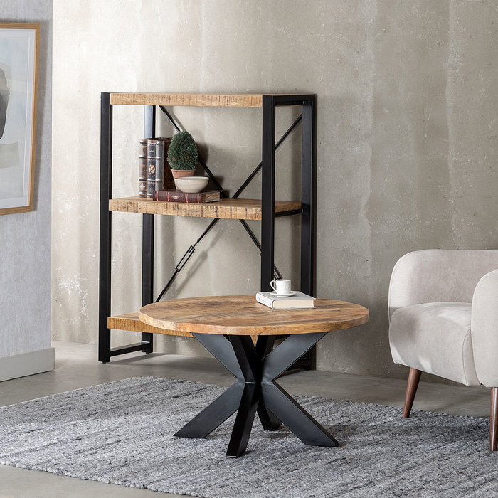 Mesa Centro Natural-Negro Madera-Hierro 80 X 80 X 45 cm