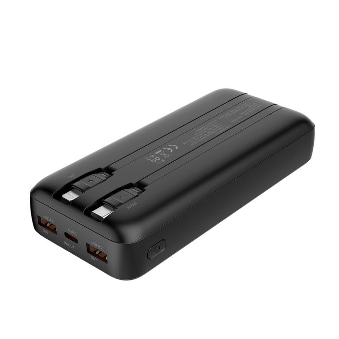 COOLBOX Powerbank DP20 20.000 mAh con cables integrados USB-C y Lightning, Negro