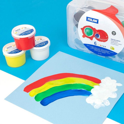 Milan Maletín 6 Tarros de Pintura para Dedos 100 ml Colores Vivos y Brillantes, Lavable - Artículo 5906