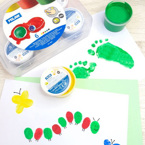 Milan Maletín 6 Tarros de Pintura para Dedos 100 ml Colores Vivos y Brillantes, Lavable - Artículo 5906