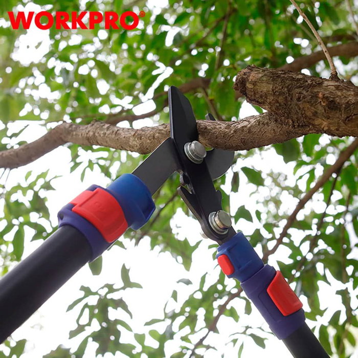 Workpro Tijeras de Poda de Dos Manos Bypass Extensible 62.5-92.5 cm, Ahorro de Esfuerzo con Corte Máximo de Ø44 mm, Mangos de Goma Antideslizante